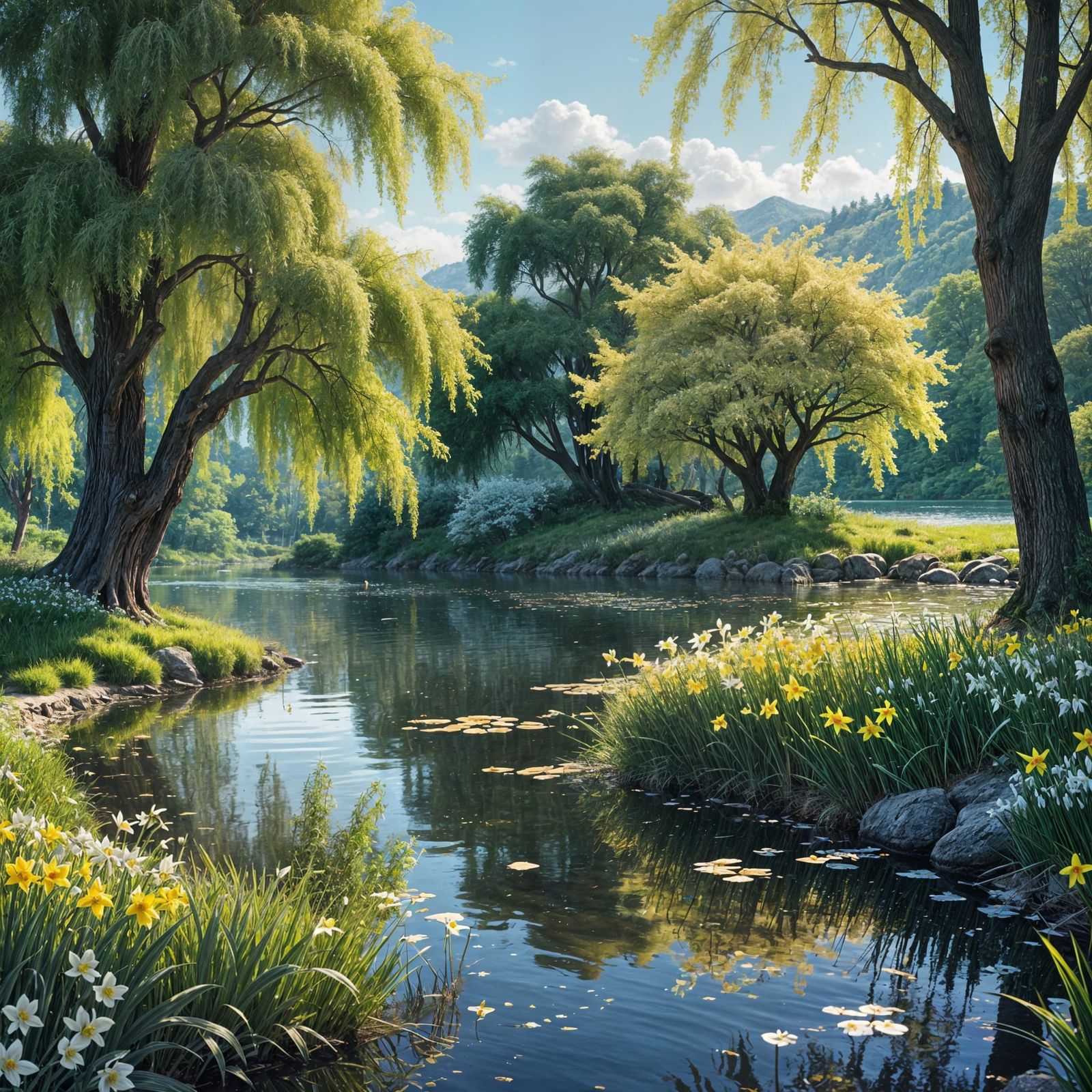 Surreal Spring Lake Scene in Anime Style