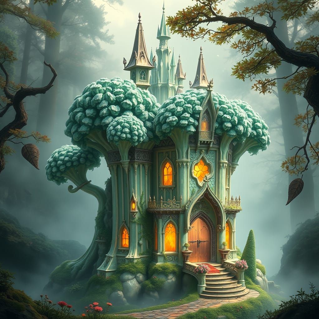 Baroque Crystal Broccoli Fairy Castle in Mist