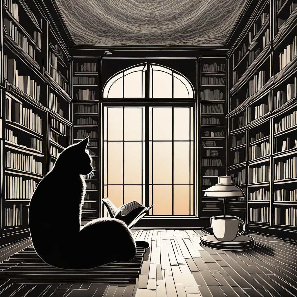 Black Cat Reading in Moonlit Library: Abstract Vector Art