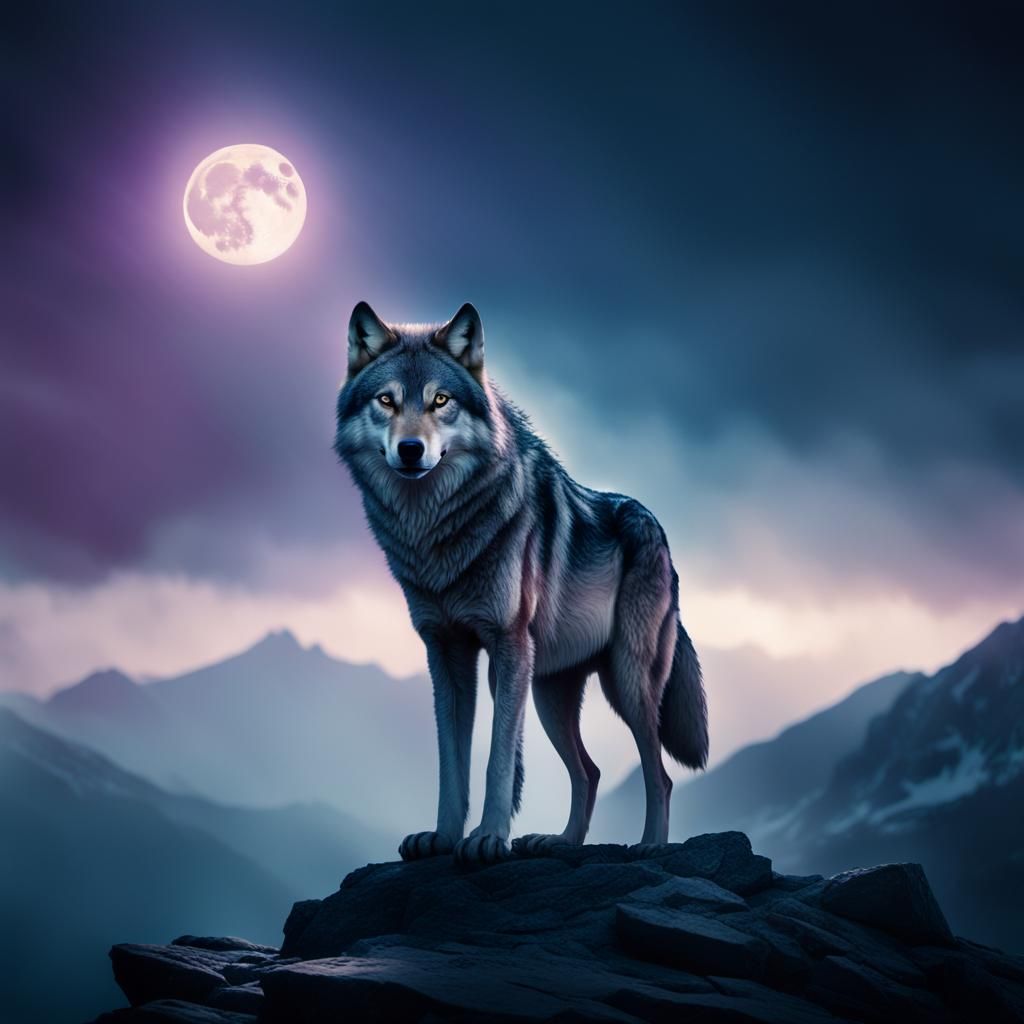 Mystical Wolf on Moonlit Peak: Cinematic Film Still