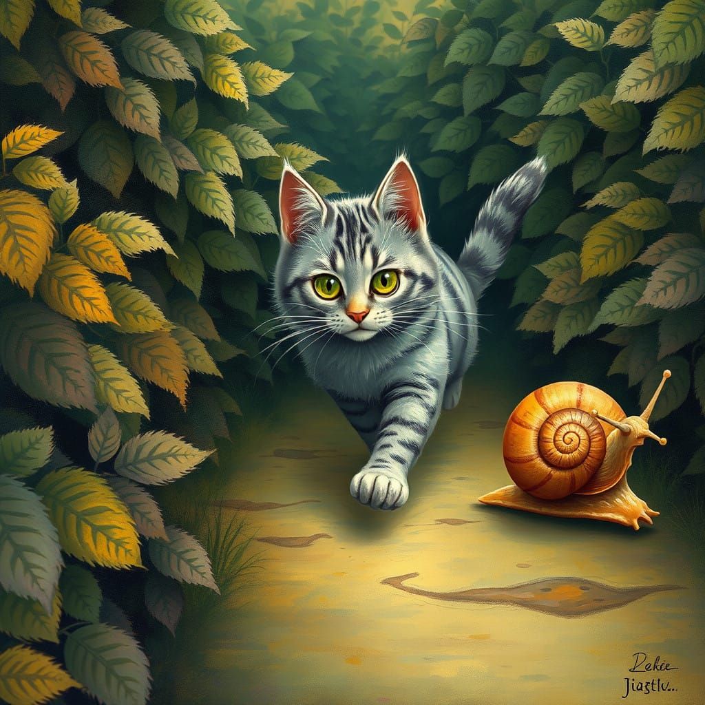 Whimsical Cat Chases Sluggish Snail in Labyrinthine Bushes