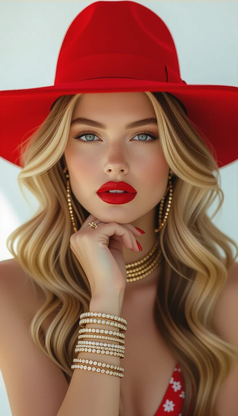 Elegant Woman in Red Hat, Intimate Portrait