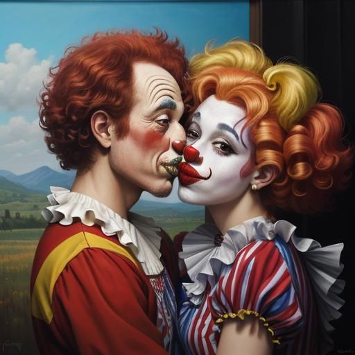 Clowns Kissing in Oil Painting Style