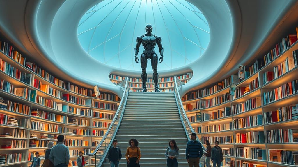 Robotic Librarian in Futuristic Bookstore