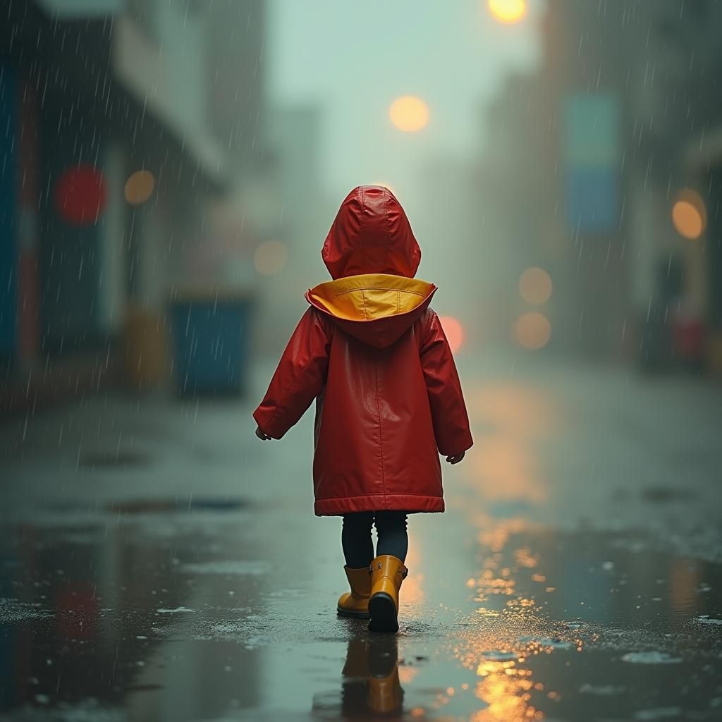 Child in Red Raincoat Walking in Rain