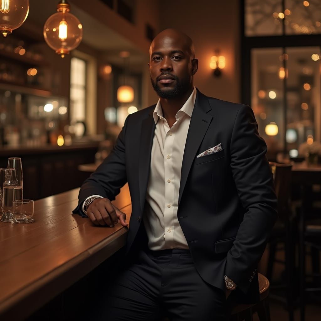 Bald African American Man in Blazer at Upscale Restaurant