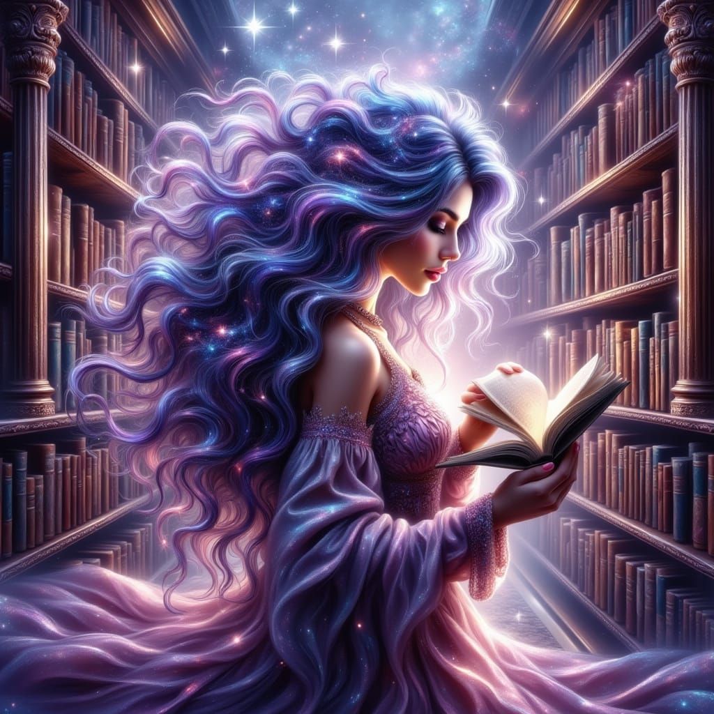 Cosmic Librarian in Stardust Cathedral: Airbrush Illustratio...