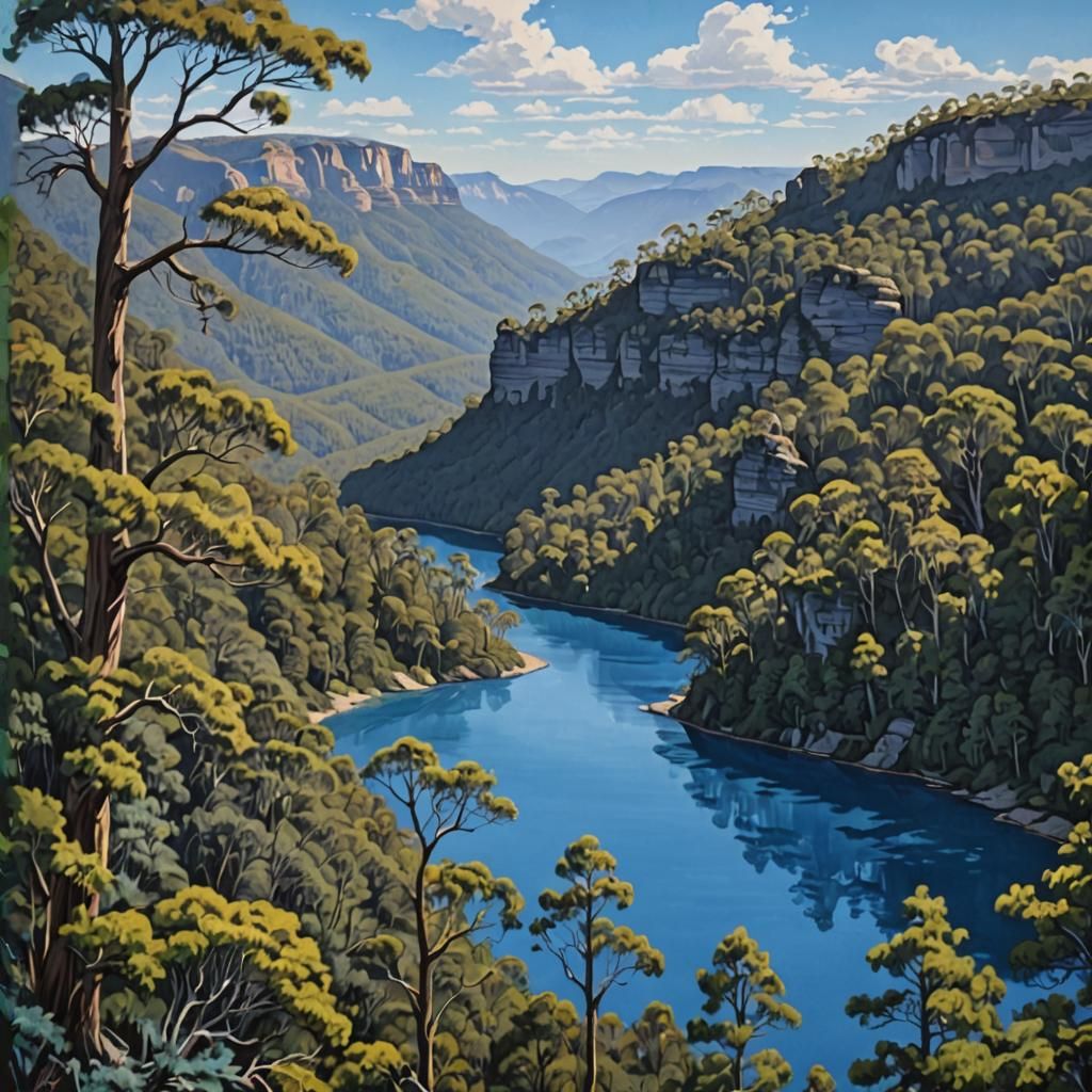 Vast Blue Landscape With Mountains, Lake, and Trees