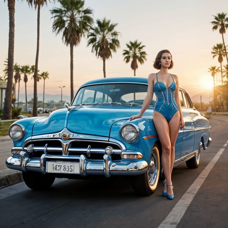 Elegant Lady with Retrofuturistic Blue Hudson Hornet