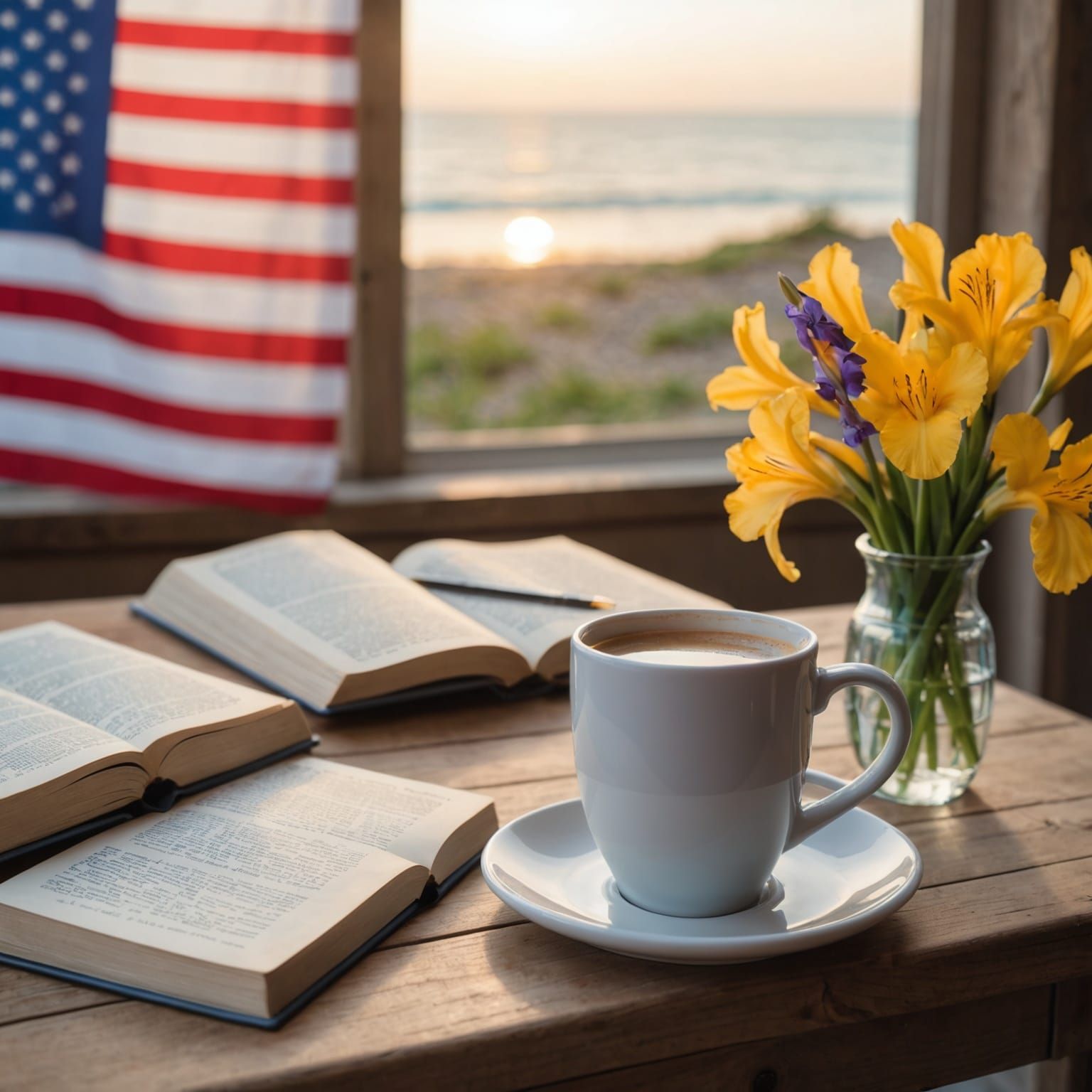 Beach Sunrise With Coffee, Bible and Iris Flowers