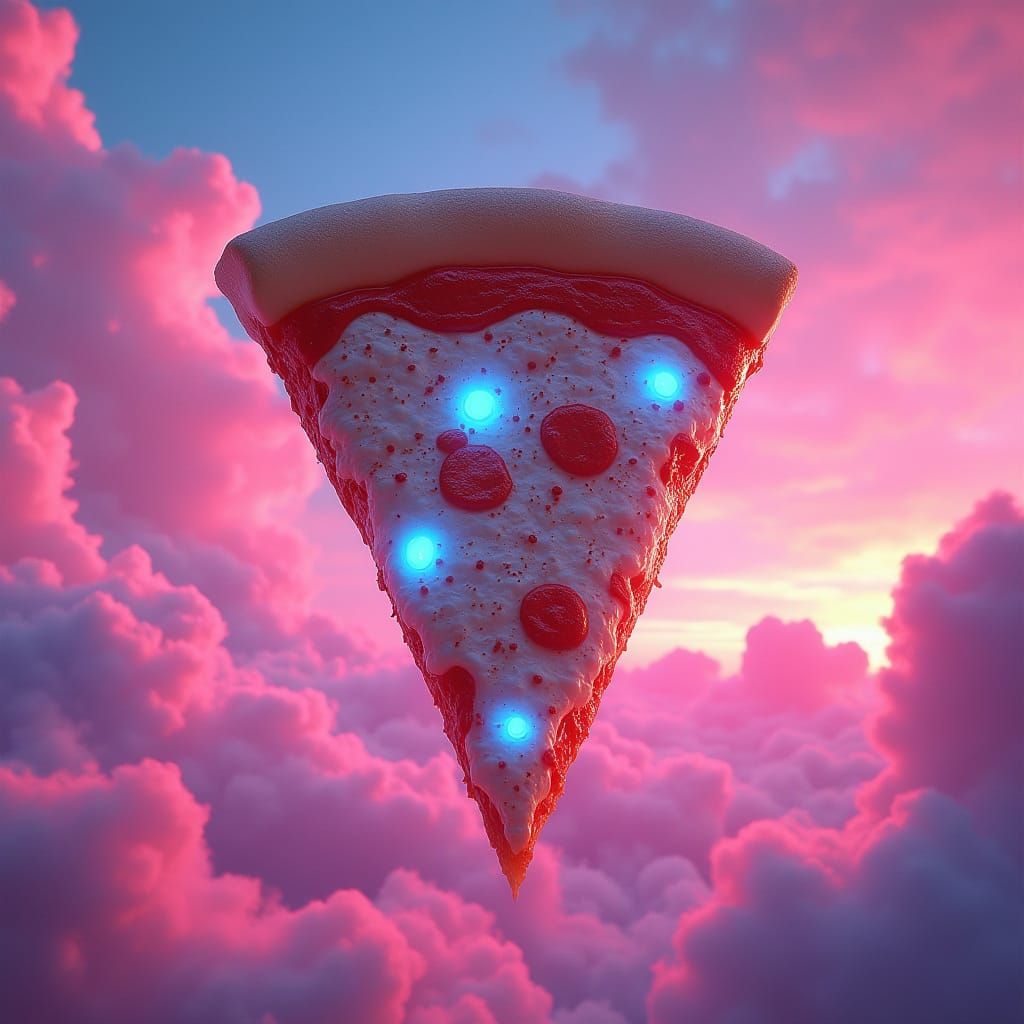 Surreal Marshmallow Pizza Floats in Cyberpunk Sky