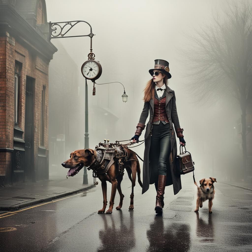 Steampunk Girl and Dog Walking on Foggy Street
