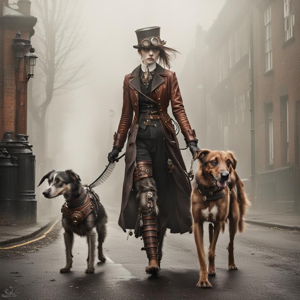 Steampunk Girl and Lurcher Dog on Foggy Street