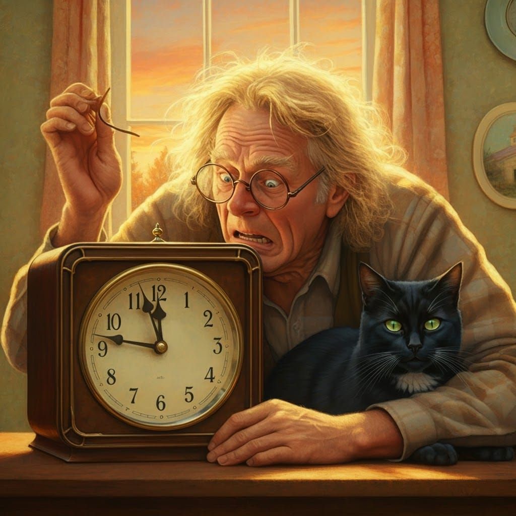 Distressed Man Adjusting Clock with Cat