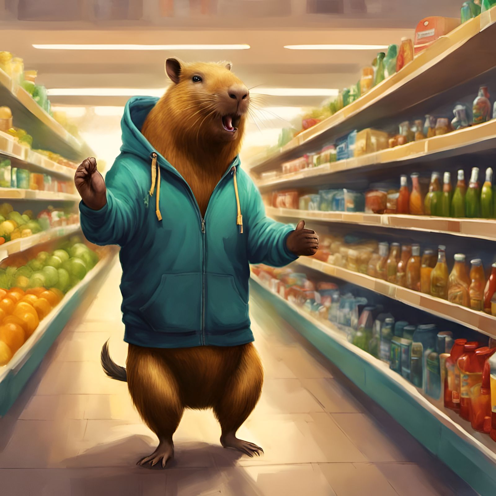 Dancing Capybara in Supermarket, Hyperrealistic Art