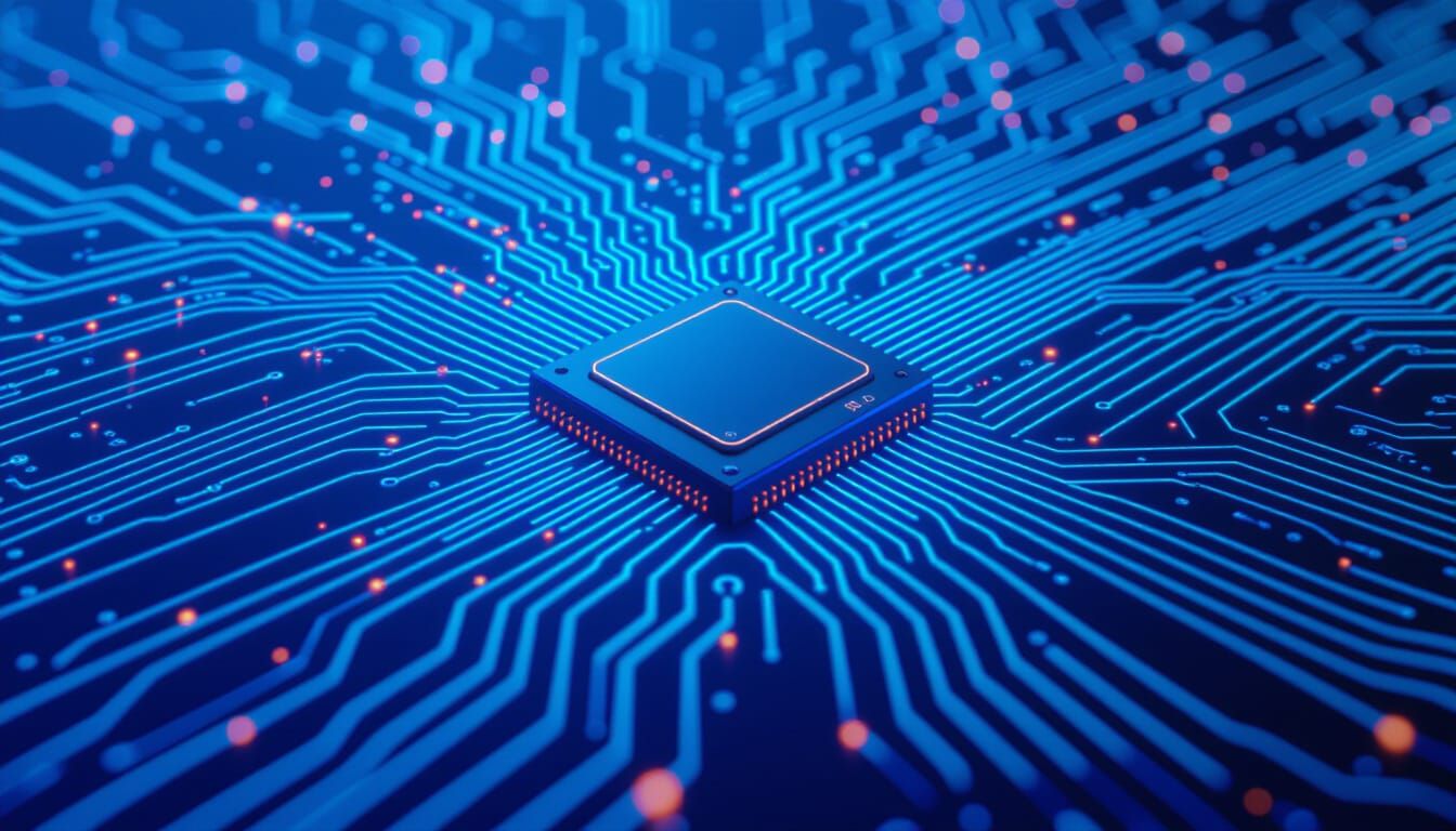 Futuristic Circuit Board Design with Blue Lines and Nodes