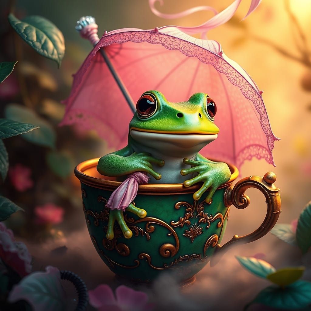 Frog in Iridescent Cup with Pink Umbrella, in Vibrant Fantas...