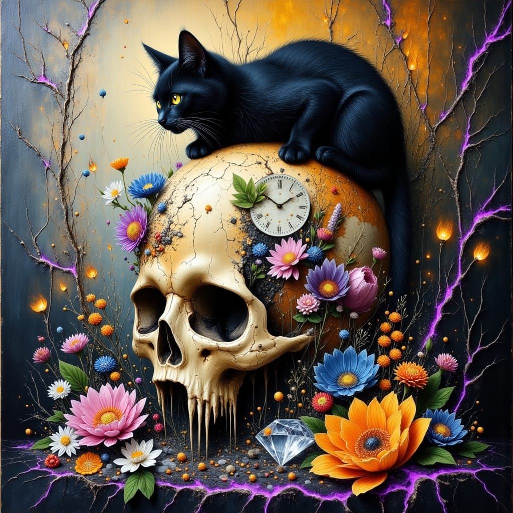 Surrealist Oil Painting of Black Cat on Melting Skull