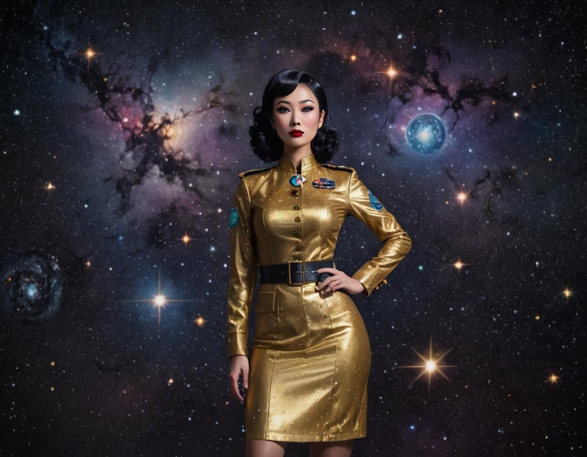 Retro Sci-Fi Pinup Portrait in Watercolor Style