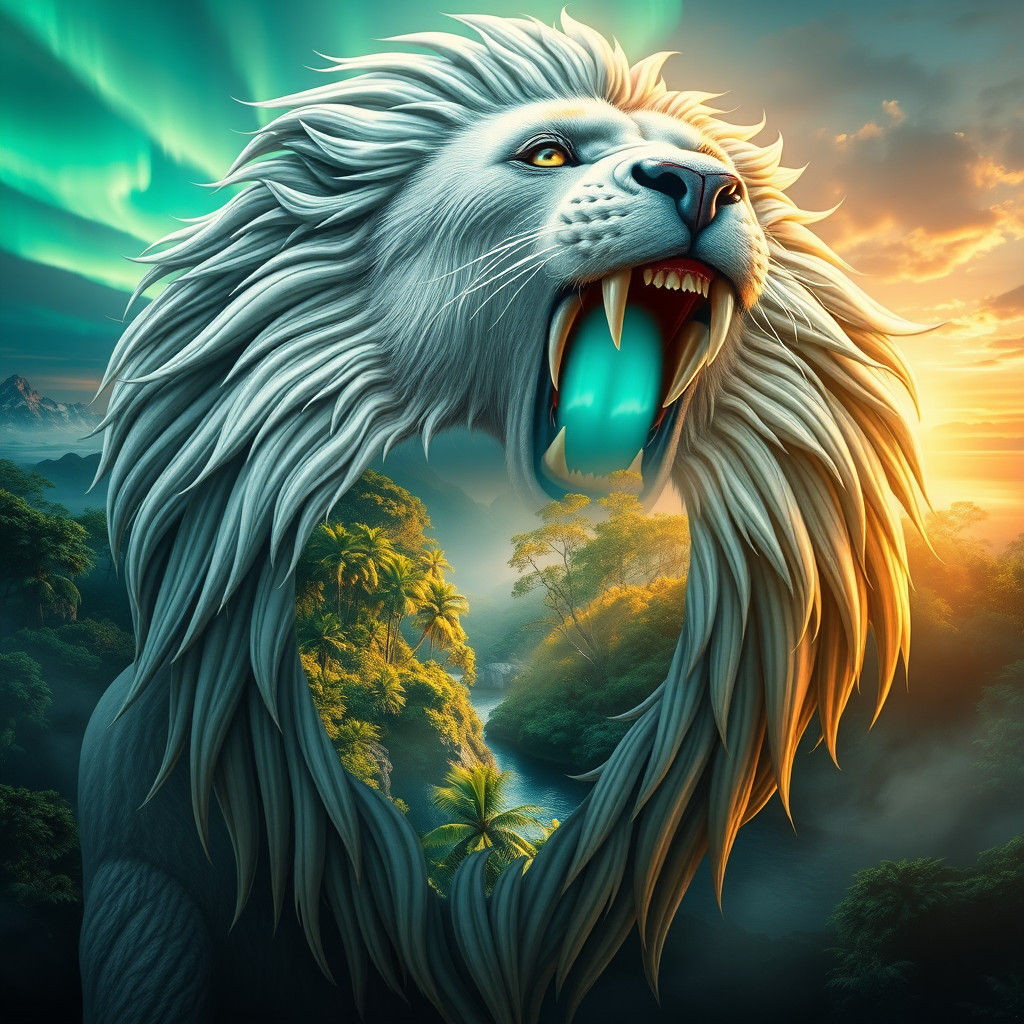 Majestic Lion Roar Framed by Aurora Landscape
