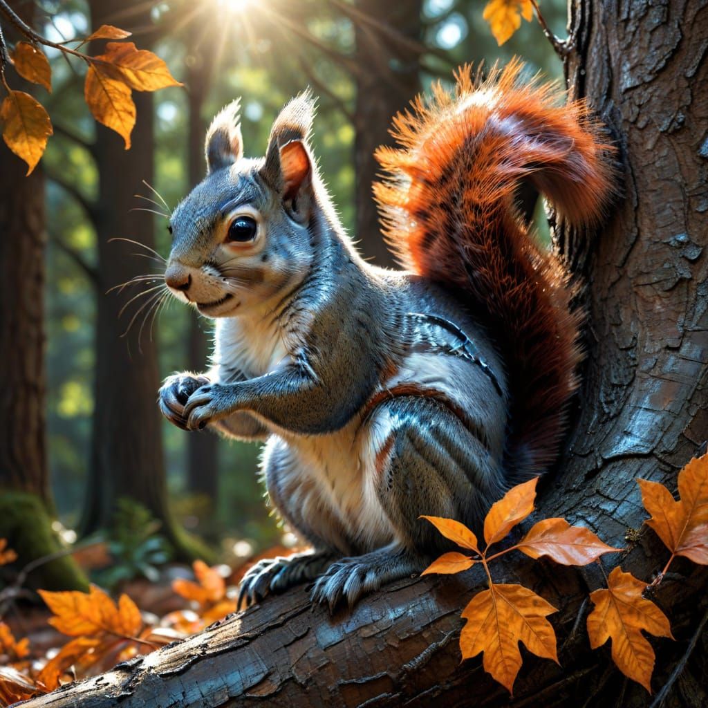 Squirrel on Chrome Tree in Forest, Digital Art
