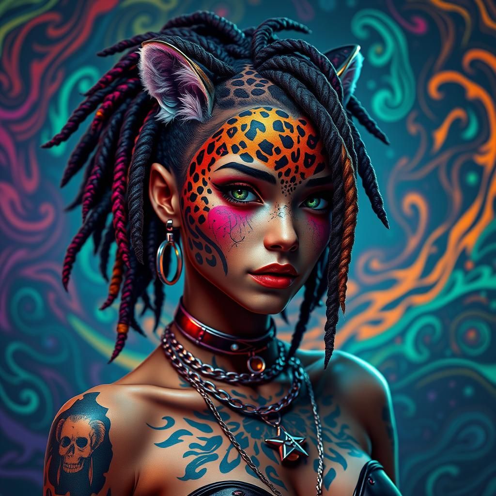 Leopard Woman with Neon Tattoos in Dreamlike Sci-Fi