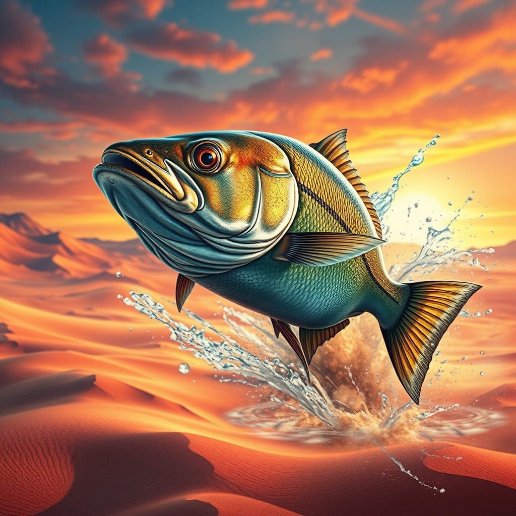 Surreal Hyper-Realistic Desert Scene with Flying Fish