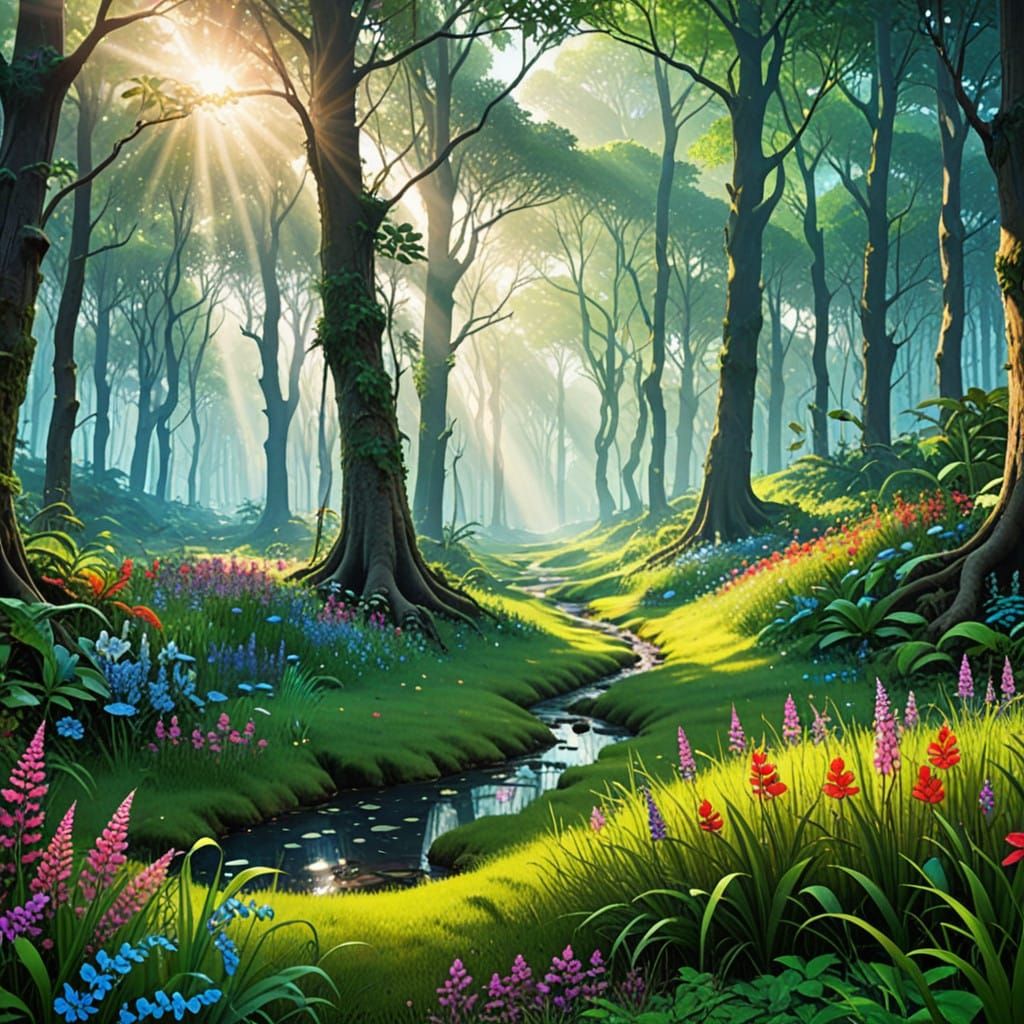 Ethereal Paradise in Vibrant, Shimmering Forest