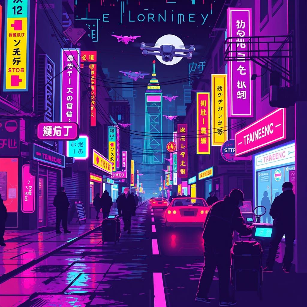 8-Bit Neon Streets with Glitching Drones