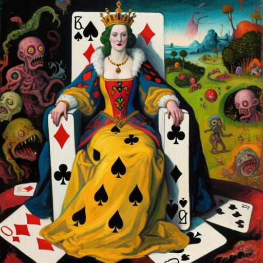 Queen of Jokers on Card Throne in Boschian Landscape