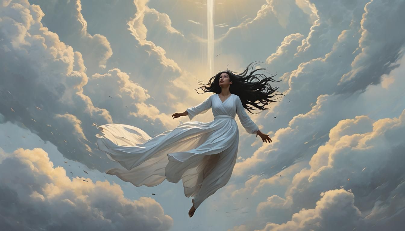 Ethereal Woman in White Floating in Air