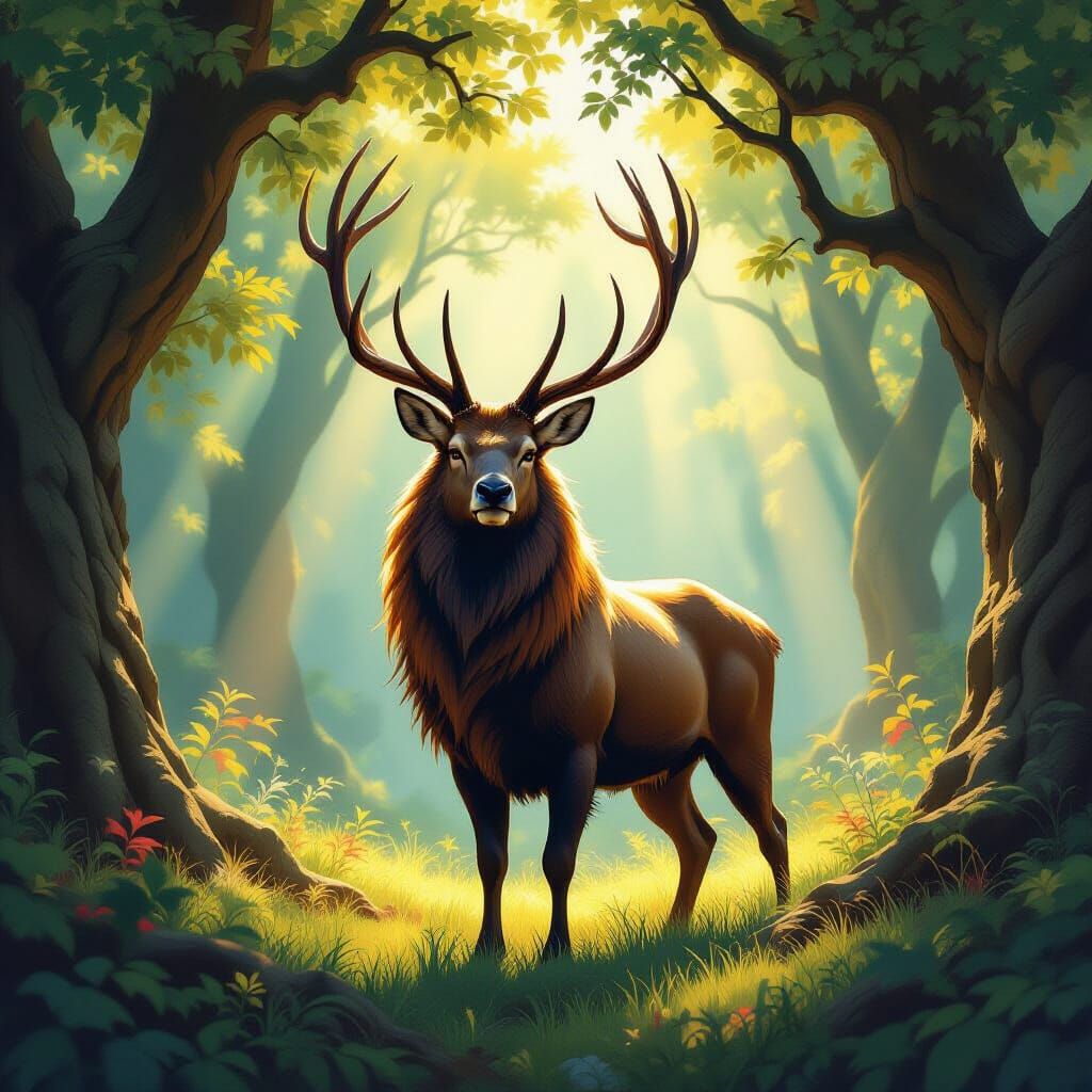 Majestic Stag Lion Hybrid In Enchanted Forest