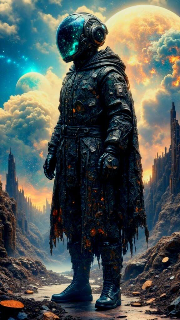 Dystopian Robot-Android in Future Landscape