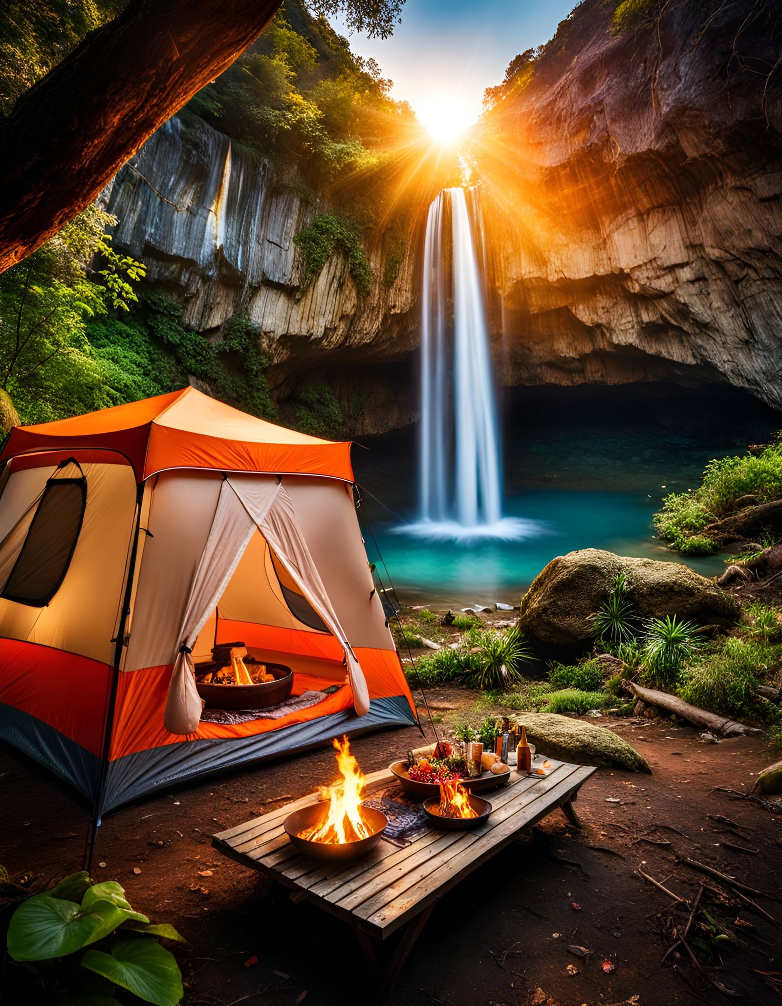 Scenic Campsite by Waterfall with Wildflowers