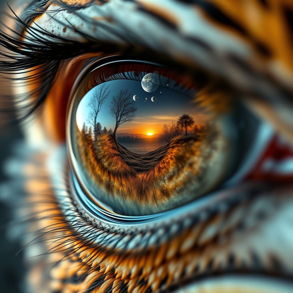 Intricately Detailed Eye Art in Desert Forest Landscape