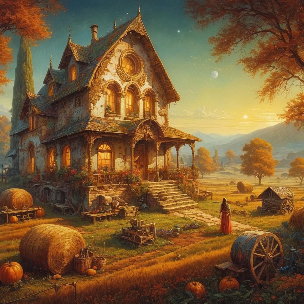 La casa de la pradera, arte conceptual, hiperdetallado, amplitud de campo, pintura al óleo, al estilo de Rafael Santi, R...