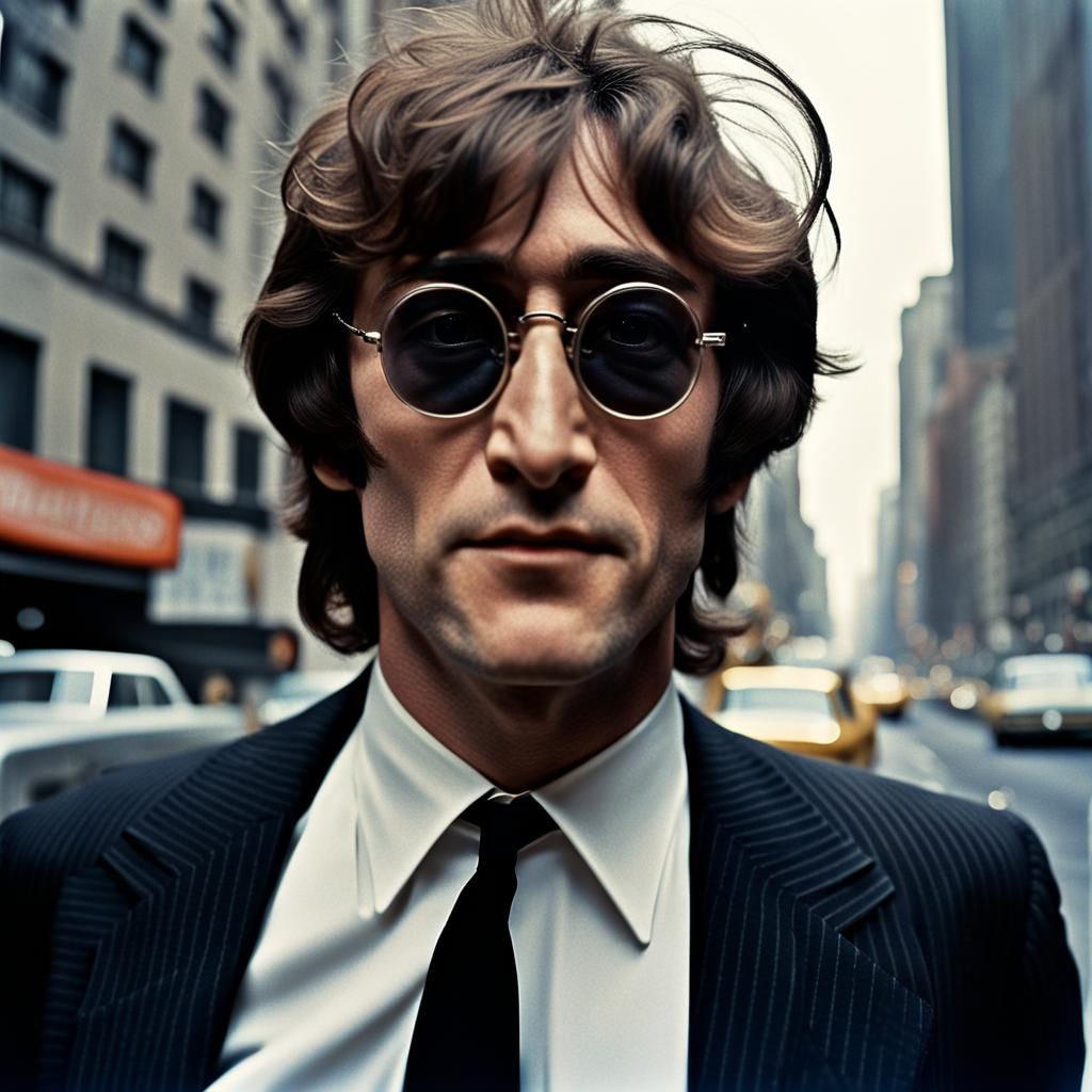John Lennon with mop top hairstyle wearing wire rimmed spectacles, centred, walking down the middle of New York.