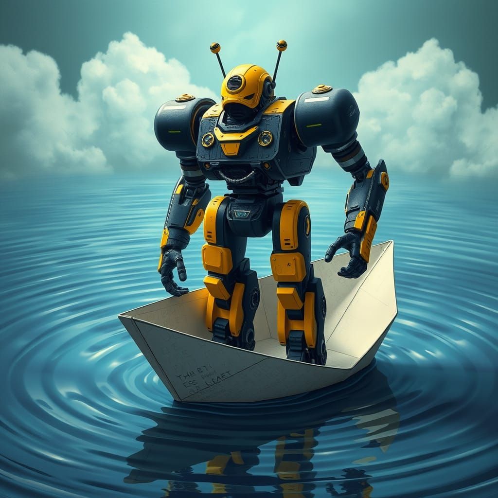 Robot on Paper Boat in Surreal Digital Art