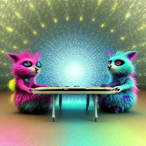 Cute Anime Creatures Play Under Table: Cosmic Illustration