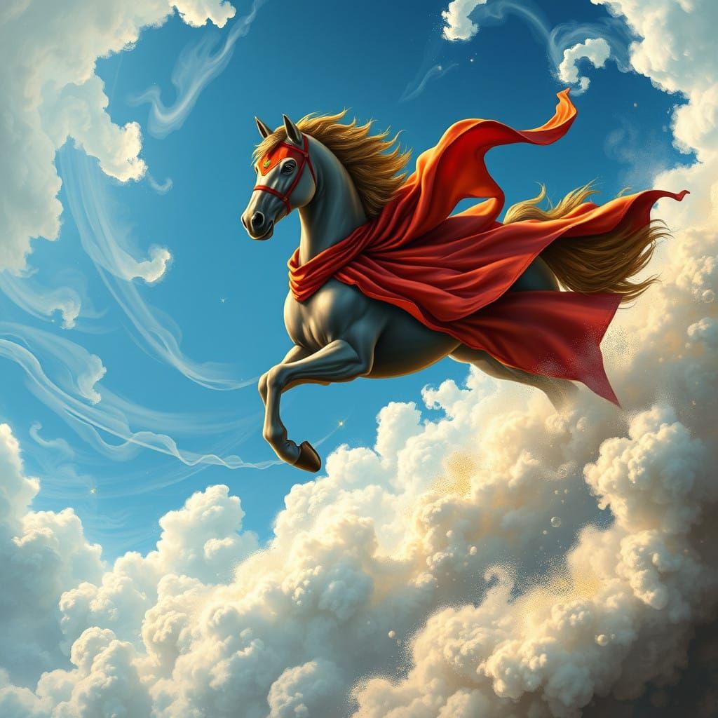Superhero Horse soars through the mystical blue sky with inc...