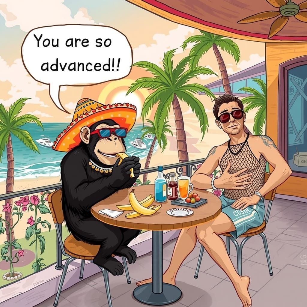 Chimpanzee and Man at Beach Cafe in Whimsical Style