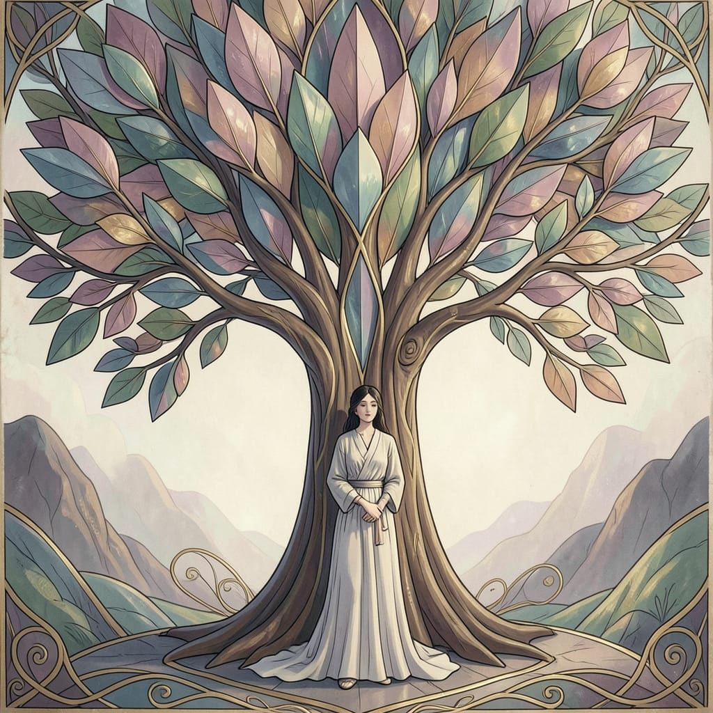 Figure Under Geometric Petal Tree in Art Nouveau Style