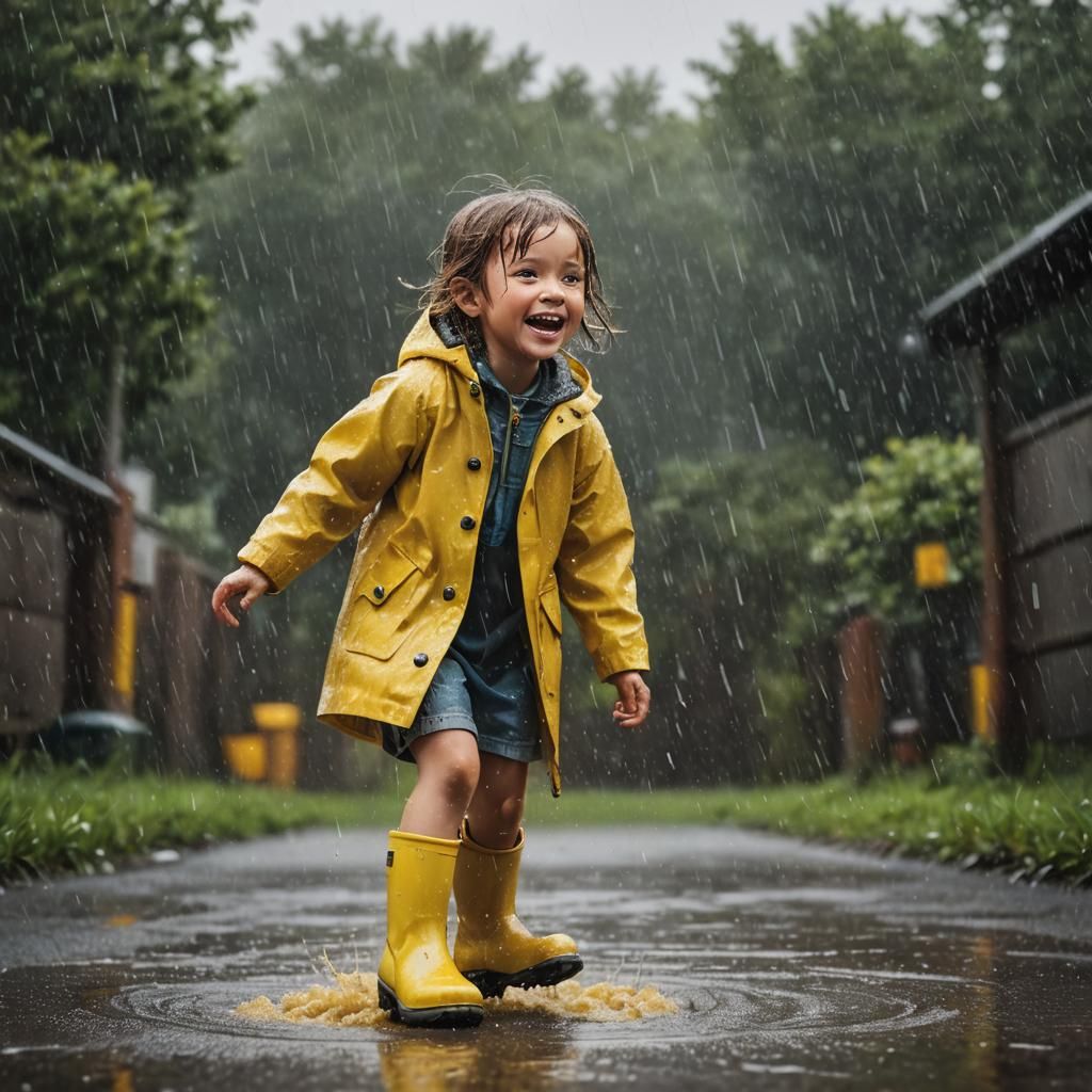 Child in Yellow Raincoat Spinning in Rain