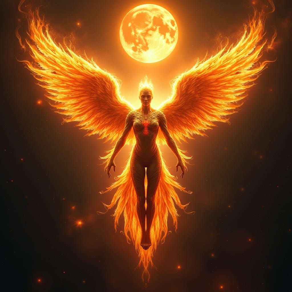 Fiery Phoenix Figure Radiates Glory in Cosmic Space