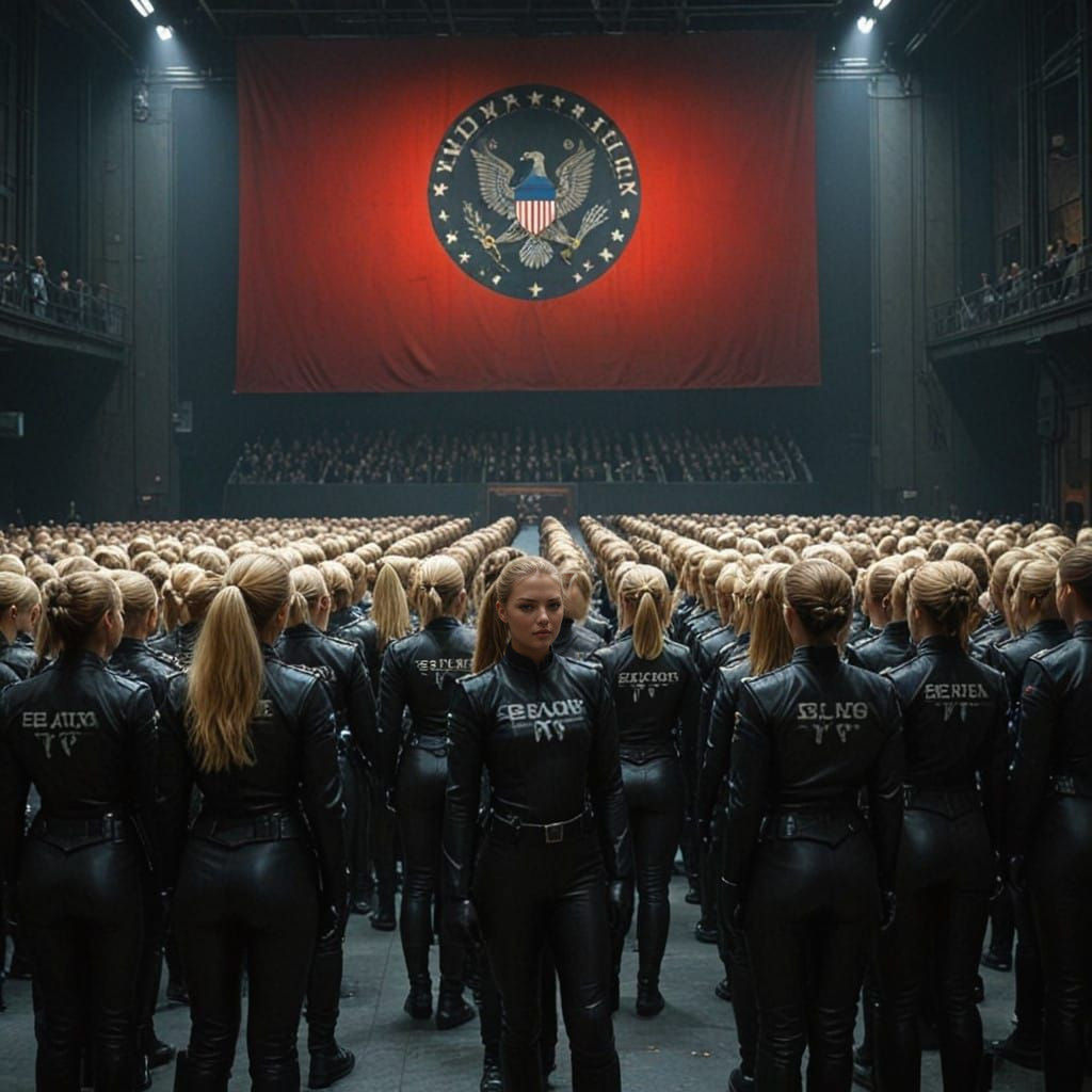 Sleek Female Warriors Unite Beneath Crimson Banner