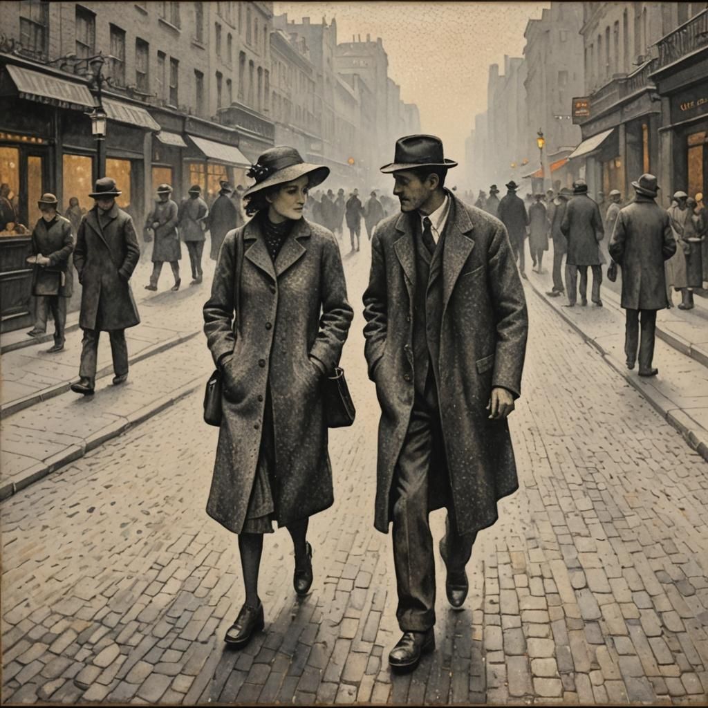 Couple in Street: Pointillist Charcoal Drawing