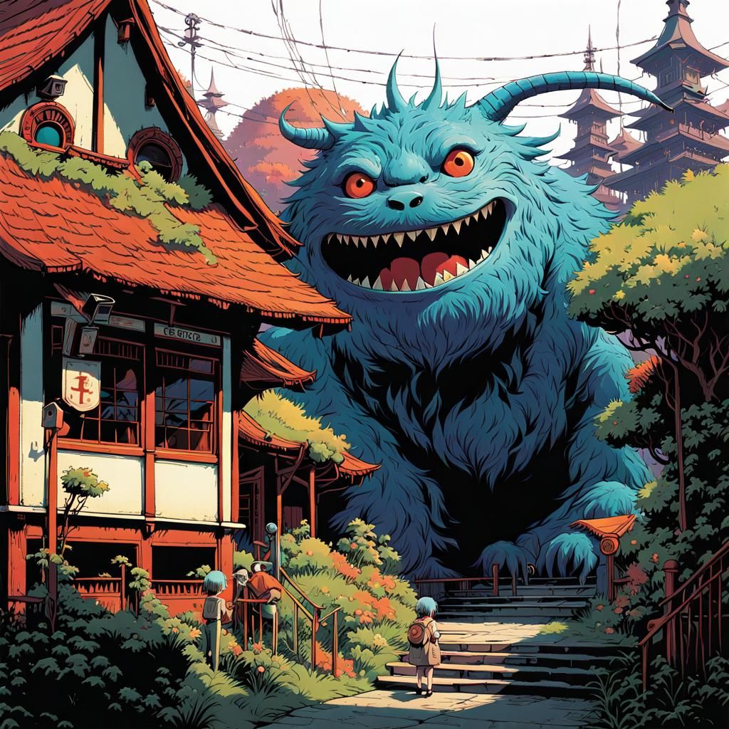 Cute Monster at School in Studio Ghibli Style