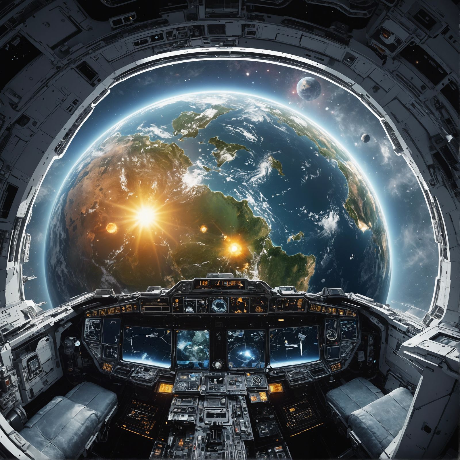 Futuristic Spaceship Cockpit View of Distant Planet