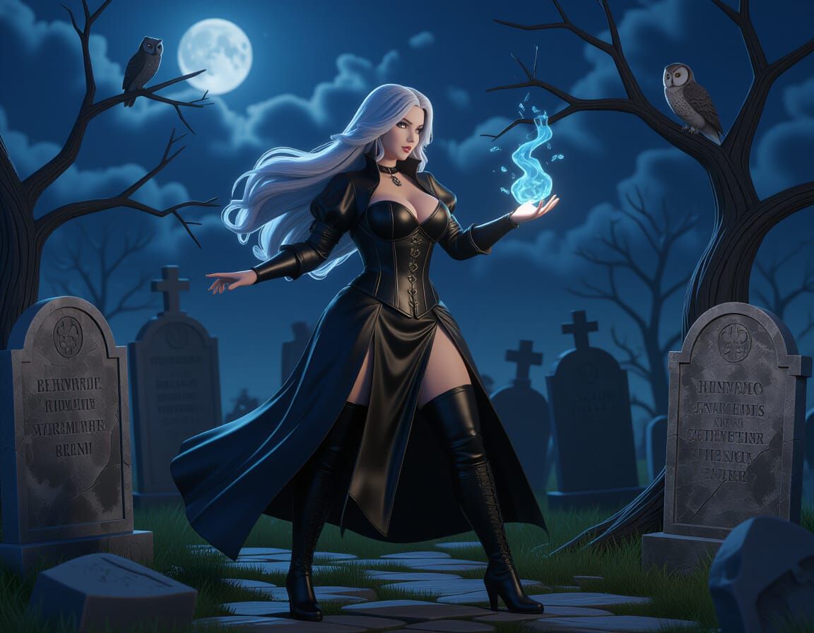 Plus Size Witch Conjuring Spirits in Dark Cemetery