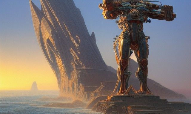 a giant statue poseidon trident mecha, tim hildebrandt, wayne barlowe, bruce pennington, donato giancola, trending on ar...